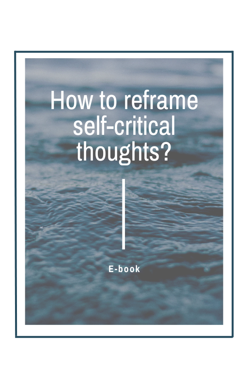 e-book cover, water, „how to reframe self-critical thoughts?"